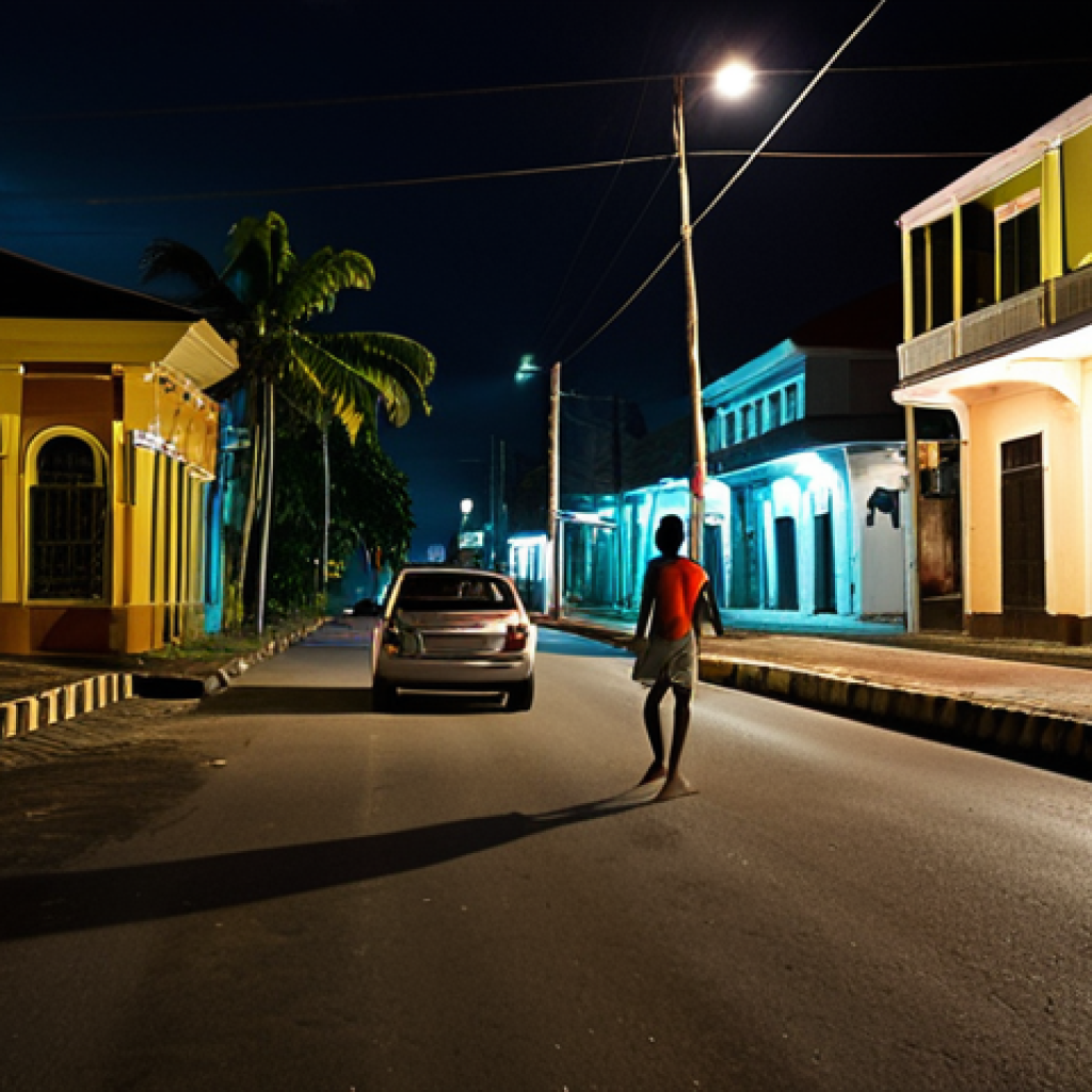 **Image Prompt:** A dimly lit Paramaribo street at night, with a speeding car in the background and a pedestrian cautiously walking on the sidewalk. The scene should convey a sense of danger and the lack of street lighting. Focus on the contrast between light and shadow.