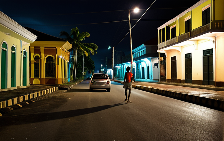 **Image Prompt:** A dimly lit Paramaribo street at night, with a speeding car in the background and a pedestrian cautiously walking on the sidewalk. The scene should convey a sense of danger and the lack of street lighting. Focus on the contrast between light and shadow.