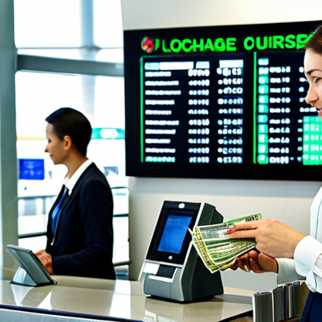 A professional female traveler in modest business attire, fully clothed, standing at a clean, well-lit currency exchange counter inside a modern international airport. She is holding local currency and a foreign currency, carefully observing the exchange rate display. The environment is bright, orderly, and secure. Professional photography, high resolution, realistic, perfect anatomy, correct proportions, natural pose, well-formed hands, proper finger count, natural body proportions, safe for work, appropriate content, professional dress.