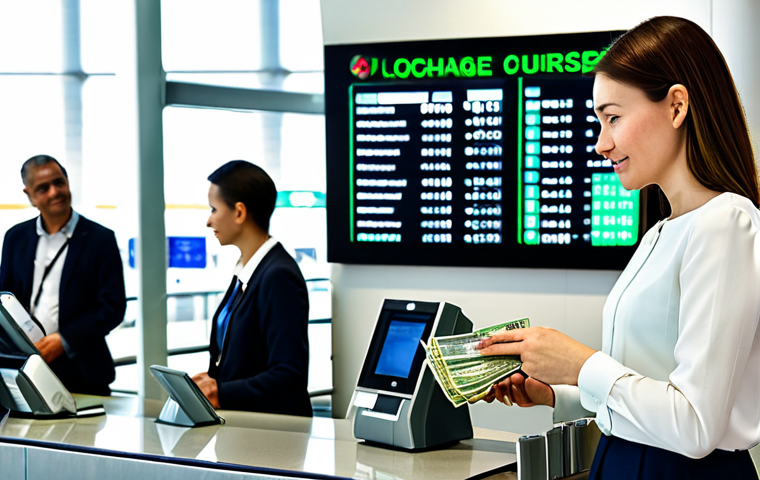 A professional female traveler in modest business attire, fully clothed, standing at a clean, well-lit currency exchange counter inside a modern international airport. She is holding local currency and a foreign currency, carefully observing the exchange rate display. The environment is bright, orderly, and secure. Professional photography, high resolution, realistic, perfect anatomy, correct proportions, natural pose, well-formed hands, proper finger count, natural body proportions, safe for work, appropriate content, professional dress.