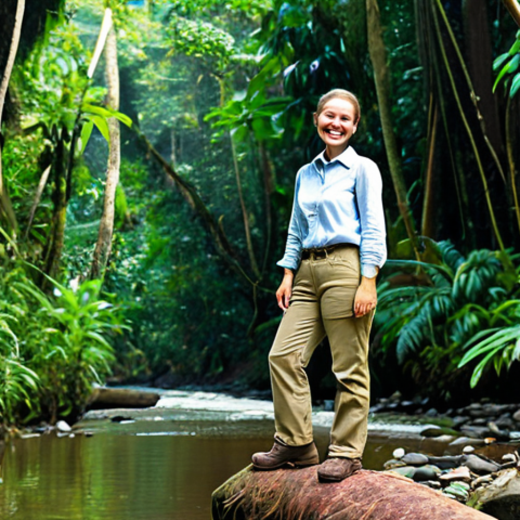 **

A fully clothed tourist, safe for work, wearing modest hiking attire (khaki pants, long-sleeved shirt, hiking boots), standing in a lush Surinamese rainforest.  She's smiling and looking at a colorful bird perched on a branch. Background includes dense foliage and a small stream.  Perfect anatomy, correct proportions, natural pose, professional photography, family-friendly, appropriate content, high quality.

**