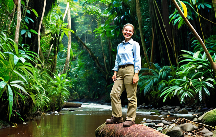 **

A fully clothed tourist, safe for work, wearing modest hiking attire (khaki pants, long-sleeved shirt, hiking boots), standing in a lush Surinamese rainforest.  She's smiling and looking at a colorful bird perched on a branch. Background includes dense foliage and a small stream.  Perfect anatomy, correct proportions, natural pose, professional photography, family-friendly, appropriate content, high quality.

**