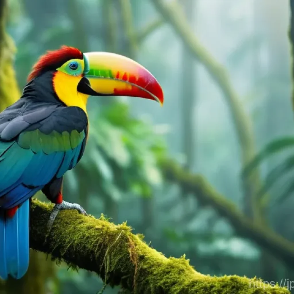 수리남의 자연환경과 야생동물 - **A majestic, untouched rainforest in Suriname at dawn.** The scene captures a vast expanse of vibra...