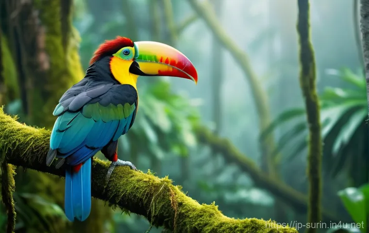 수리남의 자연환경과 야생동물 - **A majestic, untouched rainforest in Suriname at dawn.** The scene captures a vast expanse of vibra...