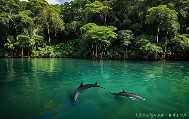 수리남의 자연환경과 야생동물 - **A majestic, untouched rainforest in Suriname at dawn.** The scene captures a vast expanse of vibra...